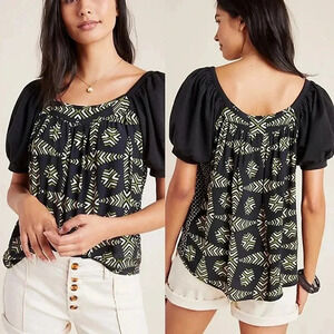 Maeve Anthropologie Catalina Black Green Printed Puff Sleeve - XS